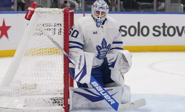 Toronto Maple Leafs goaltender Joseph Woll (60) protects the net during the second period of an NHL hockey game against the New York Islanders, Thursday, Jan. 2, 2025, in Elmont, N.Y. (AP Photo/Frank Franklin II)