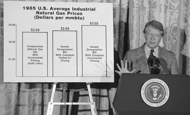 FILE - President Jimmy Carter speaks to executives of gas-using businesses at the White House in Washington, Aug. 31, 1978, before the passage of a natural gas compromise bill. (AP Photo/Jeff Taylor, File)