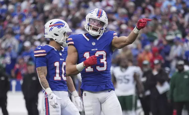 Buffalo Bills wide receiver Mack Hollins (13) reacts to a play against the New York Jets during the first half of an NFL football game, Sunday, Dec. 29, 2024, in Orchard Park, N.Y. (AP Photo/Gene J. Puskar)