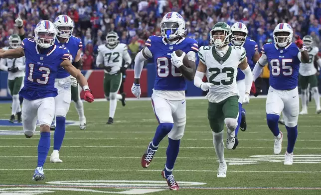 Buffalo Bills wide receiver Tyrell Shavers (80) scores a touchdown against the New York Jets on a catch a run during the second half of an NFL football game, Sunday, Dec. 29, 2024, in Orchard Park, N.Y. (AP Photo/Gene J. Puskar)