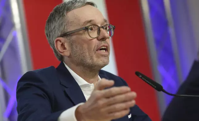 The leader of Austria's Freedom Party, Herbert Kickl, addresses a news conference, in Vienna, Austria, Tuesday, Jan 7, 2025. Herbert Kickl received a mandate Monday to try to form a new government. (AP Photo/Heinz-Peter Bader)