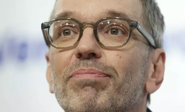 The leader of Austria's Freedom Party, Herbert Kickl, addresses a news conference, in Vienna, Austria, Tuesday, Jan 7, 2025. (AP Photo/Heinz-Peter Bader)