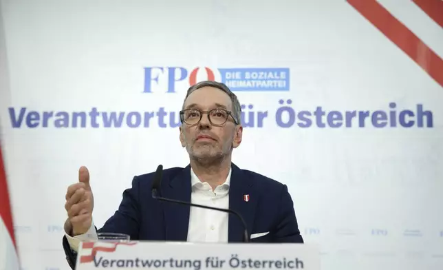 The leader of Austria's Freedom Party, Herbert Kickl, addresses a news conference, in Vienna, Austria, Tuesday, Jan 7, 2025. (AP Photo/Heinz-Peter Bader)