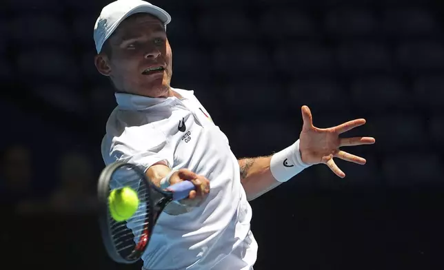 Daniel Masur of Germany hits a return shot to Alexander Shevchenko of Kazakhstan during their United Cup tennis match in Perth, Australia, Wednesday, Jan. 1, 2025. (AP Photo/Trevor Collens)