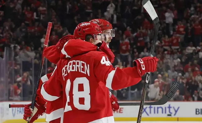 Detroit Red Wings right wing Jonatan Berggren (48) celebrates his goal against the Pittsburgh Penguins with defenseman Justin Holl during the first period of an NHL hockey game Tuesday, Dec. 31, 2024, in Detroit. (AP Photo/Duane Burleson)