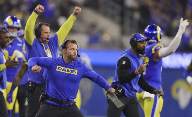 Los Angeles Rams head coach Sean McVay reacts after a defensive stop during the first half of an NFL football game against the Arizona Cardinals, Saturday, Dec. 28, 2024, in Inglewood, Calif. (AP Photo/Ryan Sun)