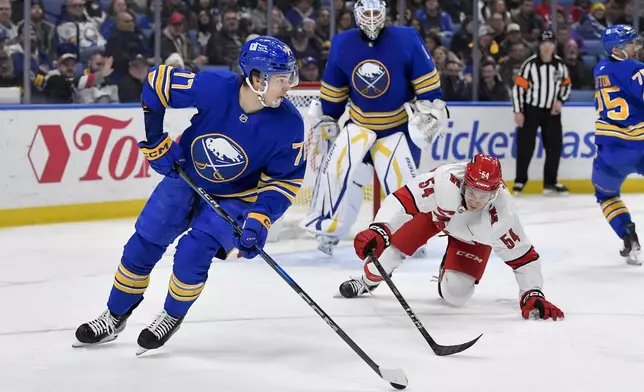 Buffalo Sabres right wing JJ Peterka (77) skates the puck away from Carolina Hurricanes left wing Juha Jaaska (54) during the third period of an NHL hockey game in Buffalo, N.Y., Wednesday, Jan. 15, 2025. Buffalo beat Carolina 4-2. (AP Photo/Adrian Kraus)