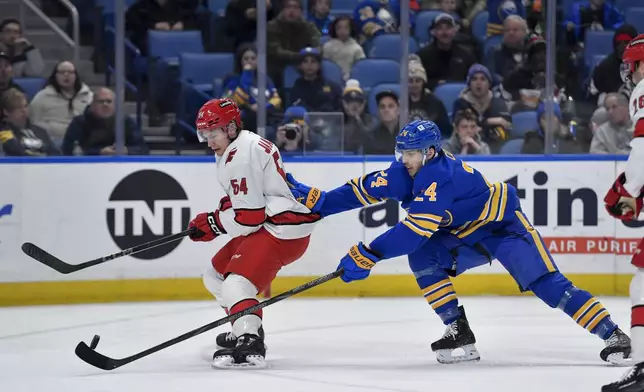 Buffalo Sabres center Dylan Cozens, right, reaches for the puck around Carolina Hurricanes left wing Juha Jaaska during the second period of an NHL hockey game in Buffalo, N.Y., Wednesday, Jan. 15, 2025. (AP Photo/Adrian Kraus)