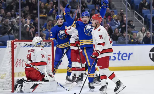 Buffalo Sabres center Ryan McLeod, center, celebrates after scoring as Carolina Hurricanes goalie Dustin Tokarski (34) and center Sebastian Aho (20) look on during the second period of an NHL hockey game in Buffalo, N.Y., Wednesday, Jan. 15, 2025. (AP Photo/Adrian Kraus)