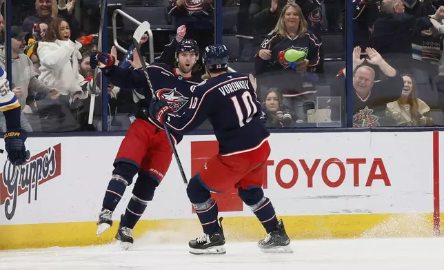 Columbus Blue Jackets' Adam Fantilli, center left, celebrates after his goal against the St. Louis Blues with teammate Dmitri Voronkov during the third period of an NHL hockey game Saturday, Jan. 4, 2025, in Columbus, Ohio. (AP Photo/Jay LaPrete)