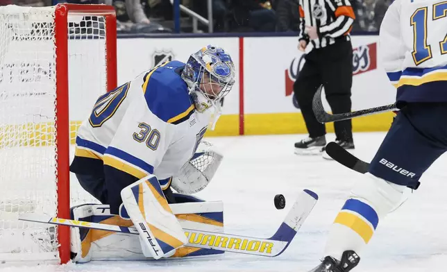 St. Louis Blues' Joel Hofer makes a save against the Columbus Blue Jackets' during the second period of an NHL hockey game Saturday, Jan. 4, 2025, in Columbus, Ohio. (AP Photo/Jay LaPrete)