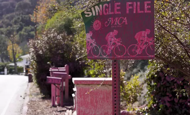 Retardant covers a sign after crews battled the Palisades Fire in Mandeville Canyon Monday, Jan. 13, 2025, in Los Angeles. (AP Photo/Richard Vogel)