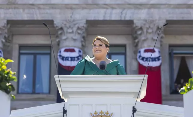 Jenniffer Gonzalez Colon speaks after she was sworn in as governor outside the Capitol in San Juan, Puerto Rico, Thursday, Jan. 2, 2025. (AP Photo/Alejandro Granadillo)