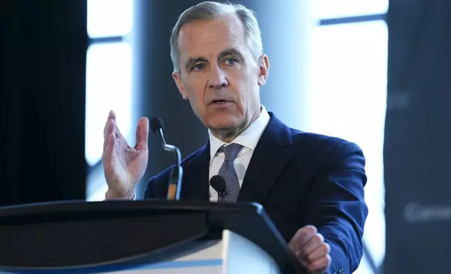 FILE - Canada 2020 Advisory Board Chair and former Governor of the Bank of Canada and Bank of England Mark Carney speaks during the Canada 2020 Net-Zero Leadership Summit in Ottawa, April 19, 2023. (Sean Kilpatrick/The Canadian Press via AP, File)