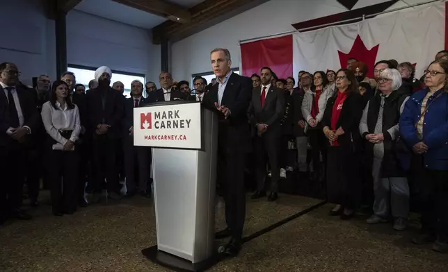 Mark Carney speaks during his Liberal leadership campaign launch in Edmonton, on Thursday Jan. 16, 2025. (Jason Franson/The Canadian Press via AP)