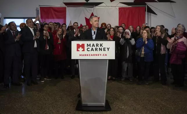 Mark Carney speaks during his Liberal leadership campaign launch in Edmonton, on Thursday Jan. 16, 2025. (Jason Franson/The Canadian Press via AP)