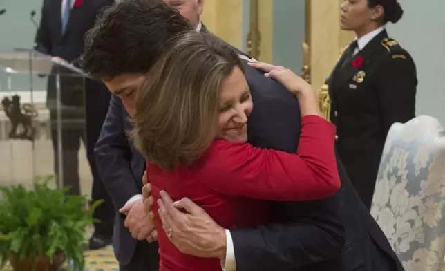 FILE - Minister of International Trade Chrystia Freeland gives Prime Minister Justin Trudeau a hug after being sworn in during ceremonies at Rideau Hall, on Nov. 4, 2015, in Ottawa. (Adrian Wyld/The Canadian Press via AP, File)