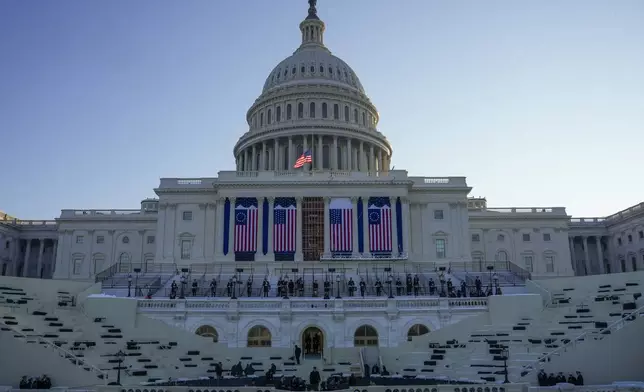 People take their places as a rehearsal begins on the West Front of U.S. Capitol ahead of President-elect Donald Trump's upcoming inauguration, Sunday, Jan. 12, 2025, in Washington. (AP Photo/Jon Elswick)