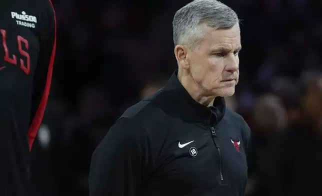 Chicago Bulls head coach Billy Donovan stands for the Star-Spangled Banner before an NBA basketball game against the Atlanta Hawks, Wednesday, Jan. 15, 2025, in Chicago. (AP Photo/Erin Hooley)
