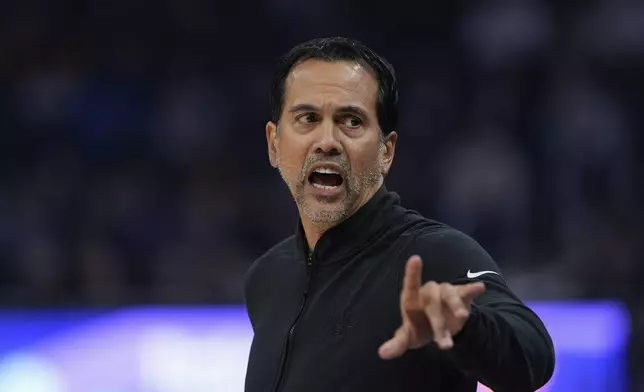 Miami Heat head coach Erik Spoelstra reacts during the first half of an NBA basketball game against the Golden State Warriors, Tuesday, Jan. 7, 2025, in San Francisco. (AP Photo/Godofredo A. Vásquez)