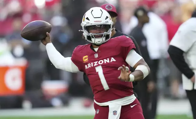 Arizona Cardinals quarterback Kyler Murray (1) warms up before an NFL football game against the San Francisco 49ers in Glendale, Ariz., Sunday, Jan. 5, 2025. (AP Photo/Ross D. Franklin)