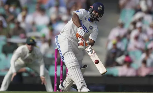 India's Rishabh Pant bats during play on the second day of the fifth cricket test between India and Australia at the Sydney Cricket Ground, in Sydney, Australia, Saturday, Jan. 4, 2025. (AP Photo/Mark Baker)