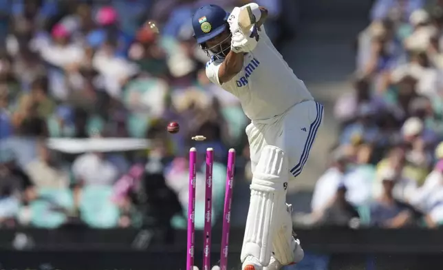 India's KL Rahul is out bowled during play on the second day of the fifth cricket test between India and Australia at the Sydney Cricket Ground, in Sydney, Australia, Saturday, Jan. 4, 2025. (AP Photo/Mark Baker)