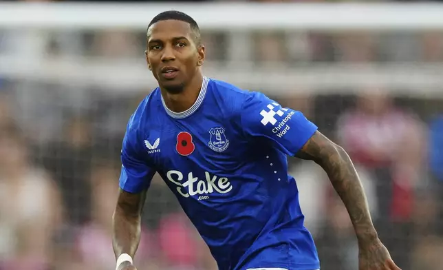 FILE - Everton's Ashley Young runs into position during the English Premier League soccer match between Southampton and Everton, at the St Marys Stadium in Southampton, Saturday, Nov 2, 2024. (AP Photo/Dave Shopland,File)