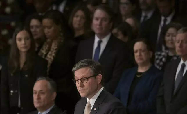 Speaker of the House Mike Johnson delivers a eulogy for former President Jimmy Carter as he lies in state during a ceremony in the Capitol, Tuesday, Jan. 7, 2025, in Washington. Carter died Dec. 29 at the age of 100. (Ricky Carioti/The Washington Post via AP, Pool)