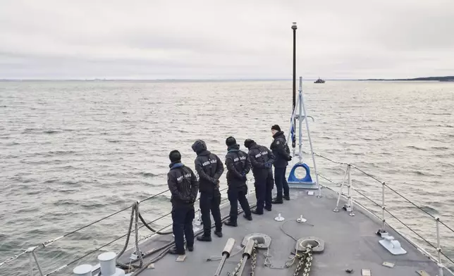 An Estonian naval ship sails in the Baltic Sea on Thursday, Jan. 9, 2025, as part of stepped-up NATO patrols in the region following suspected sabotage of undersea cables. (AP Photo/Hendrik Osula)