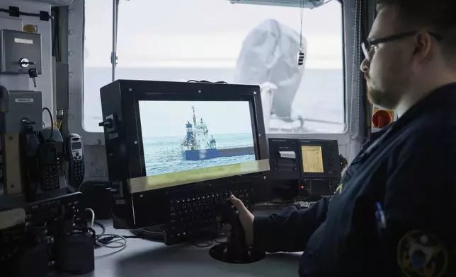 An Estonian naval ship sails in the Baltic Sea on Thursday, Jan. 9, 2025, as part of stepped-up NATO patrols in the region following suspected sabotage of undersea cables. (AP Photo/Hendrik Osula)