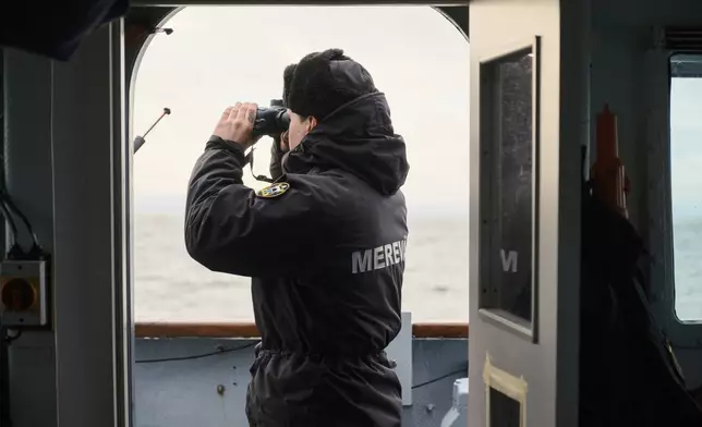 An Estonian naval ship sails in the Baltic Sea on Thursday, Jan. 9, 2025, as part of stepped-up NATO patrols in the region following suspected sabotage of undersea cables. (AP Photo/Hendrik Osula)