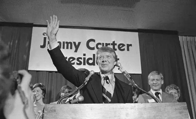 FILE - Georgia Democratic Gov. Jimmy Carter officially announces his candidacy for president in Atlanta on Dec. 12, 1974. (AP Photo/BJ, File)