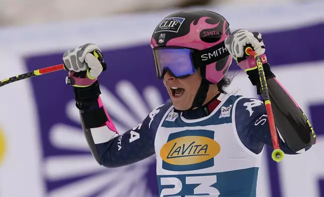 United States' Keely Cashman reacts after completing an alpine ski, women's World Cup super G, in Garmisch, Germany, Sunday, Jan. 26, 2025. (AP Photo/Piermarco Tacca)