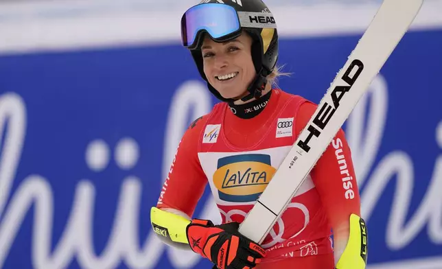 Switzerland's Lara Gut Behrami reacts after completing an alpine ski, women's World Cup super G, in Garmisch, Germany, Sunday, Jan. 26, 2025. (AP Photo/Piermarco Tacca)