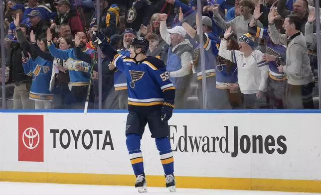 St. Louis Blues' Colton Parayko (55) celebrates after scoring during the first period of an NHL hockey game against the Calgary Flames Thursday, Jan. 16, 2025, in St. Louis. (AP Photo/Jeff Roberson)