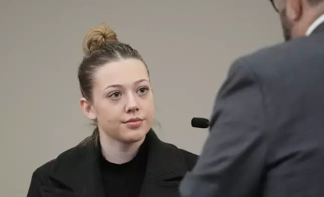 Kelsy Brainard appears district court as she and four other Massachusetts college students made their first appearance on conspiracy and kidnapping charges in Worcester, Mass, Thursday, Jan. 16, 2025. (AP Photo/Robert F. Bukaty)