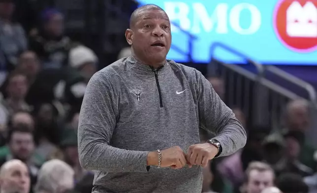 Milwaukee Bucks head coach Doc Rivers reacts during the first half of an NBA basketball game Wednesday, Jan. 8, 2025, in Milwaukee. (AP Photo/Morry Gash)