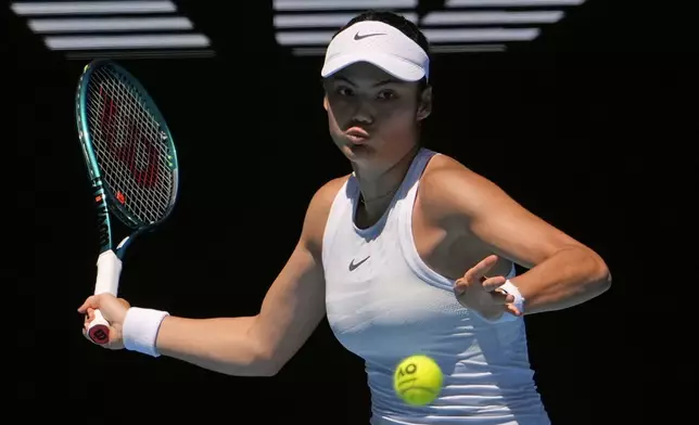 Emma Raducanu of Britain plays a forehand return to Iga Swiatek of Poland during their third round match at the Australian Open tennis championship in Melbourne, Australia, Saturday, Jan. 18, 2025. (AP Photo/Asanka Brendon Ratnayake)