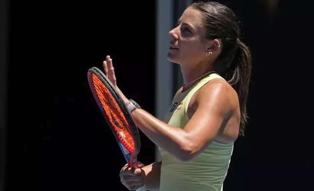 Emma Navarro of the U.S. reacts after defeating Ons Jabeur of Tunisia in their third round match at the Australian Open tennis championship in Melbourne, Australia, Saturday, Jan. 18, 2025. (AP Photo/Manish Swarup)