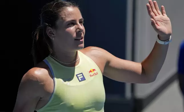 Emma Navarro of the U.S. waves after defeating Ons Jabeur of Tunisia in their third round match at the Australian Open tennis championship in Melbourne, Australia, Saturday, Jan. 18, 2025. (AP Photo/Manish Swarup)
