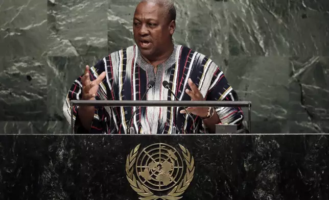 FILE -Ghana's President John Dramani Mahama addresses the 70th session of the United Nations General Assembly, at U.N. Headquarters, Wednesday, Sept. 30, 2015. (AP Photo/Richard Drew, File)