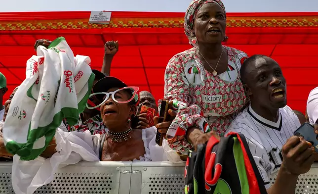 Supporters of President John Dramani Mahama, attend his inauguration ceremony, at the Independence Square in Accra, Ghana, Tuesday, Jan. 7, 2025. (AP Photo/Misper Apawu)