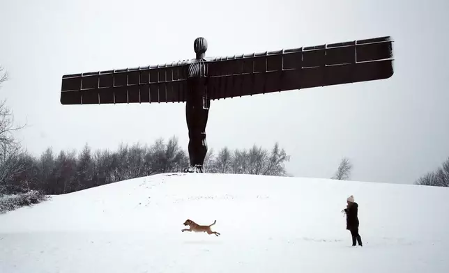 A lady is seen with her dog in front of Anthony Gormley's sculpture, the Angel of the North, which is surrounded by heavy snow in Gateshead, North East England, as the severe weather continues across England, Sunday, Jan. 5, 2025. (AP Photo/Scott Heppell)