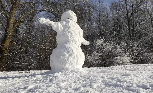 A snowman in the sunshine on the Swabian Alb, Lichtenstein, Saturday Jan. 4, 2025. (Thomas Warnack/dpa via AP)