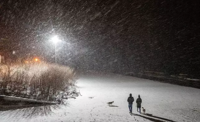 People stroll on the beach at the Baltic Sea in Timmendorfer Strand, Germany, during heavy snowfalls on Sunday, Jan. 5, 2025. (AP Photo/Michael Probst)