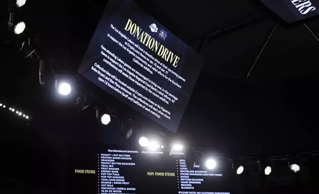 Signs announce the Los Angeles Lakers donation drive for California wildfires victims before an NBA basketball game against the San Antonio Spurs, Monday, Jan. 13, 2025, in Los Angeles. (AP Photo/Kevork Djansezian)