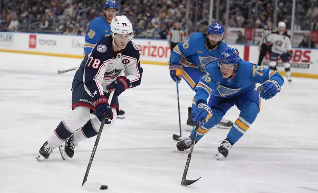 Columbus Blue Jackets' Damon Severson (78) handles the puck as St. Louis Blues' Tyler Tucker (75) defends during the third period of an NHL hockey game Saturday, Jan. 11, 2025, in St. Louis. (AP Photo/Jeff Roberson)