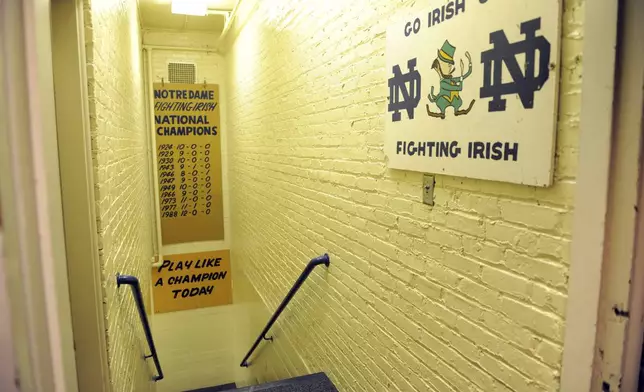 FILE - In this Nov. 21, 2011, file photo, the hallway between the locker room and the field at Notre Dame stadium shows the sign "Play like a Champion Today" in South Bend, Ind. (AP Photo/Joe Raymond, File)