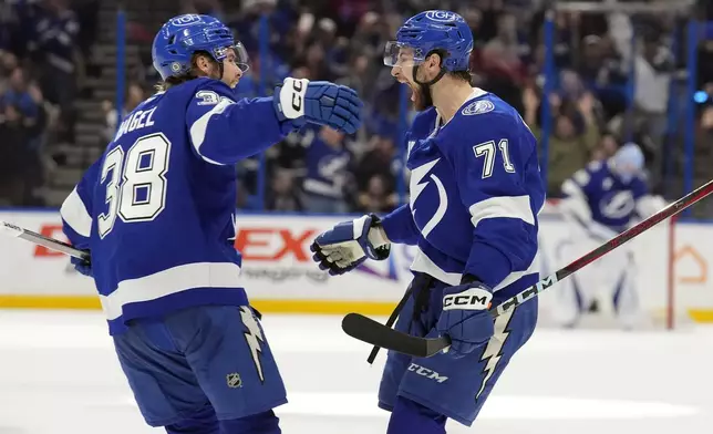 Tampa Bay Lightning center Anthony Cirelli (71) celebrates his goal against the Boston Bruins with left wing Brandon Hagel (38) during the second period of an NHL hockey game Thursday, Jan. 9, 2025, in Tampa, Fla. (AP Photo/Chris O'Meara)